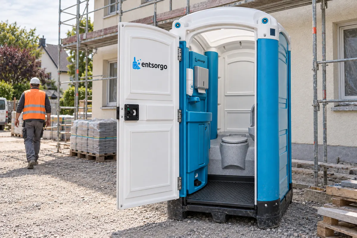 Geöffnete Baustellentoilette mit Handwaschbecken auf einer Baustelle