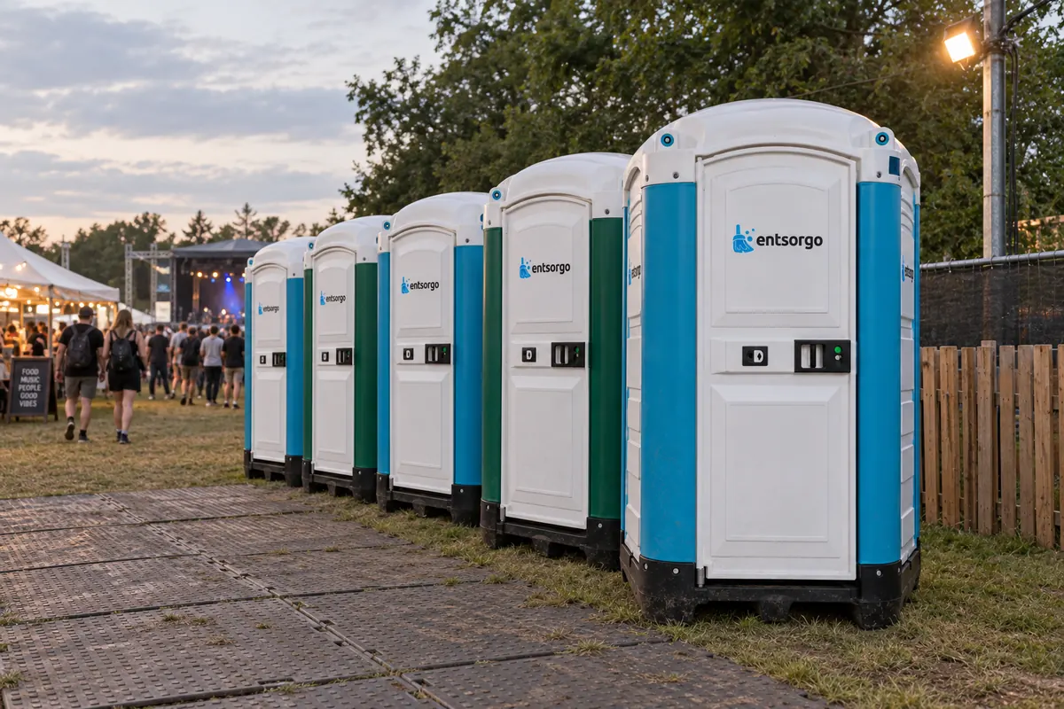 Mobile Toiletten von entsorgo am Abend bei einer Feier im Freien