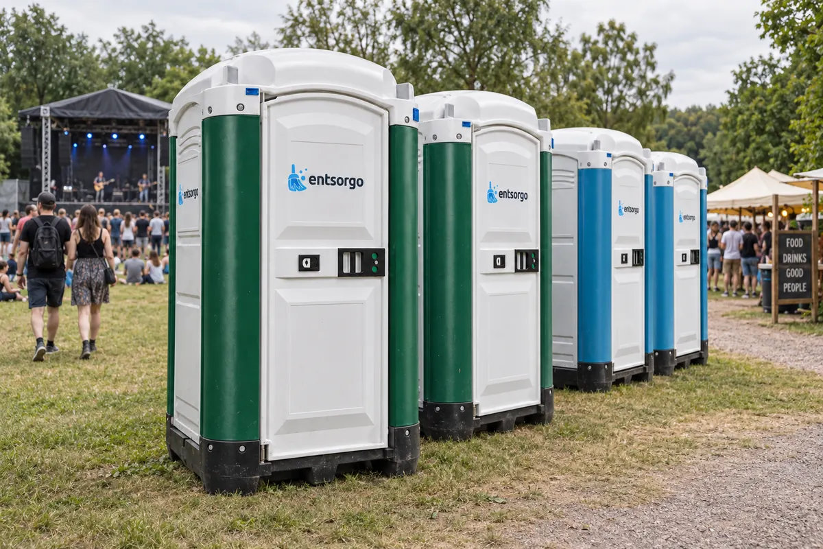 Reihe mobiler Toiletten Green und Basic von entsorgo auf einem Festgelände