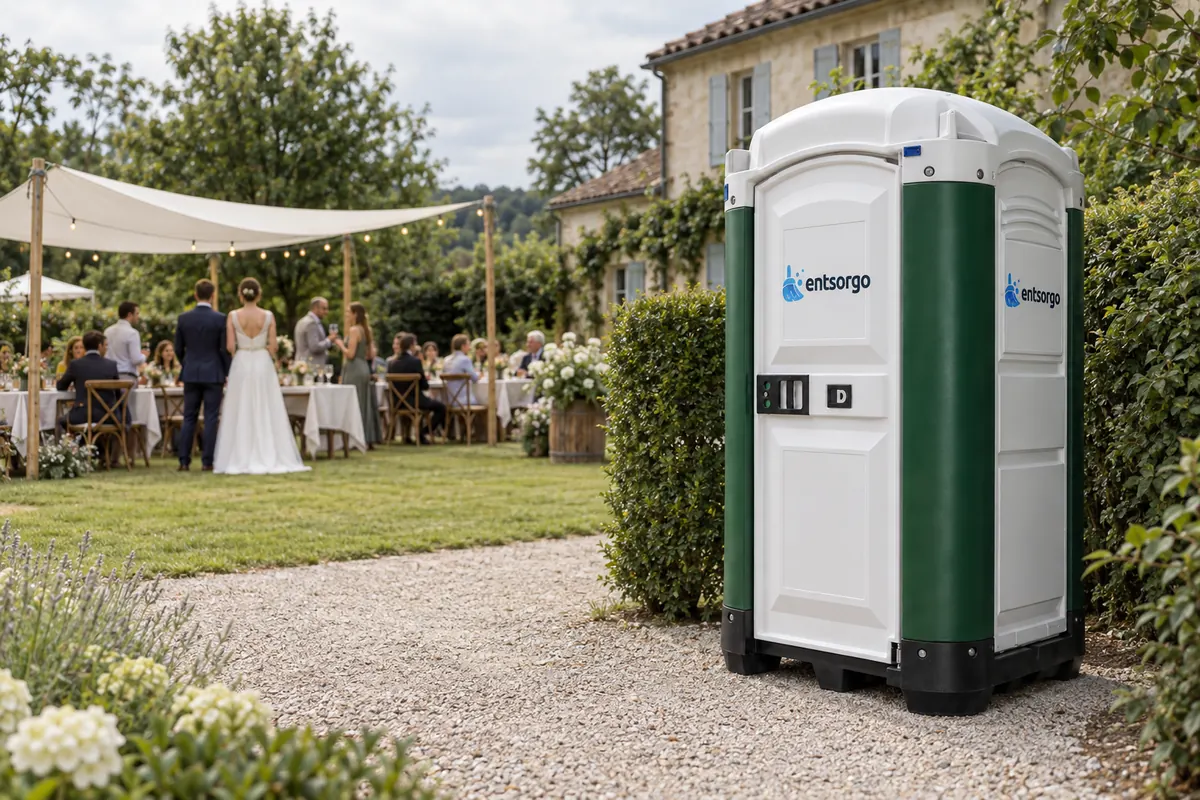 Mobile Toilette Green von entsorgo im Garten neben einer Hochzeitsfeier