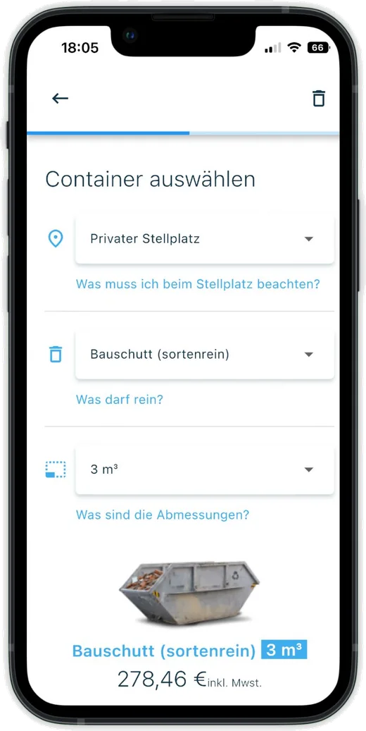 entsorgo App: Container auswählen, Abfallart und Größe wählen, Preis sehen