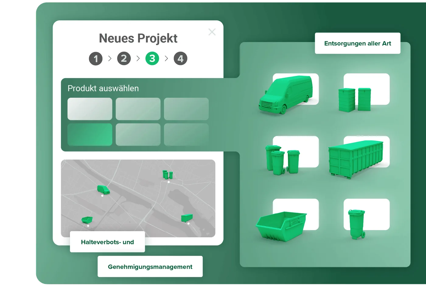 Neues Projekt im entsorgoTOOL: Produkt wählen, Standort auf der Karte, Halteverbots- und Genehmigungsmanagement