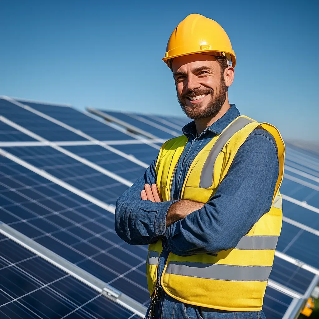Techniker mit Schutzhelm und Warnweste vor Solarmodulen