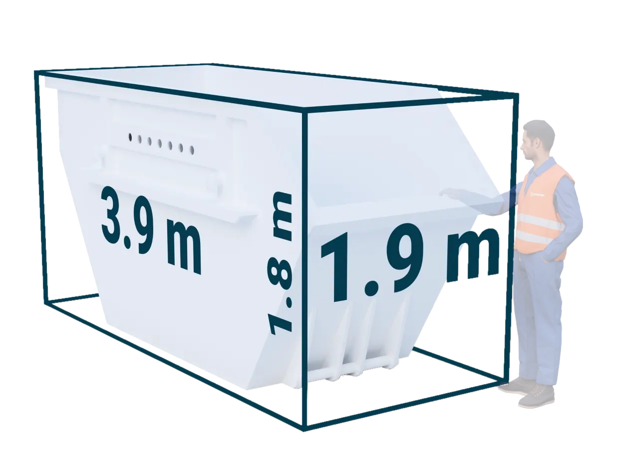 Ein Mann steht zum Größenvergleich neben einem 10 Kubik Container, der über seinen Kopf hinausragt. Darüber hinaus ist die Höhe, Breite und Tiefe des Containers im Bild dargestellt.