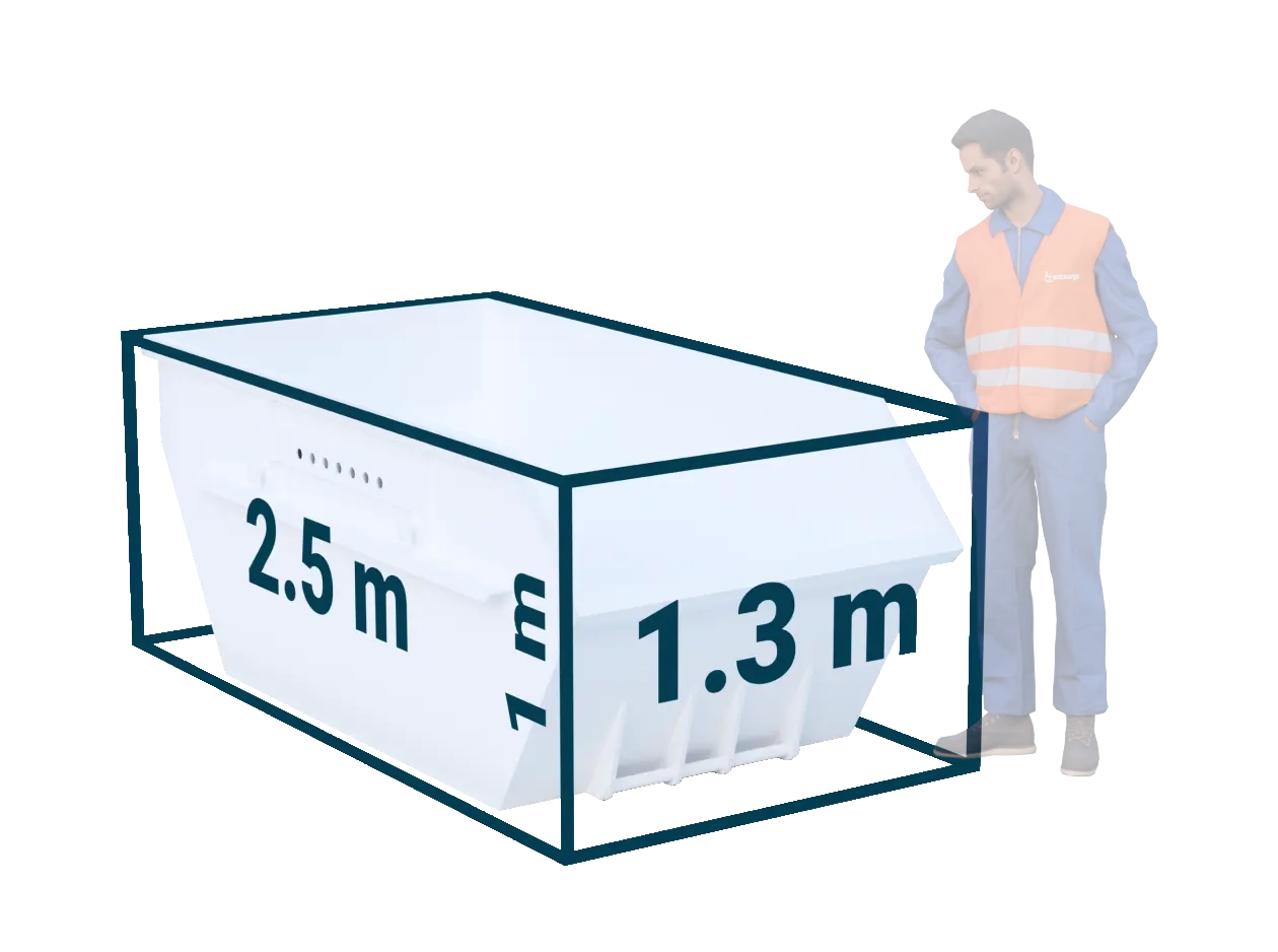 Ein Mann steht zum Größenvergleich neben einem 3 Kubik Container, der ihm bis zur Hüfte geht. Darüber hinaus ist die Höhe, Breite und Tiefe des Containers im Bild dargestellt.