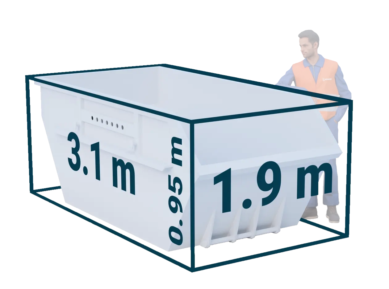 Ein Mann steht zum Größenvergleich neben einem 5 Kubik Container, der ihm bis zur Brust geht. Darüber hinaus ist die Höhe, Breite und Tiefe des Containers im Bild dargestellt.