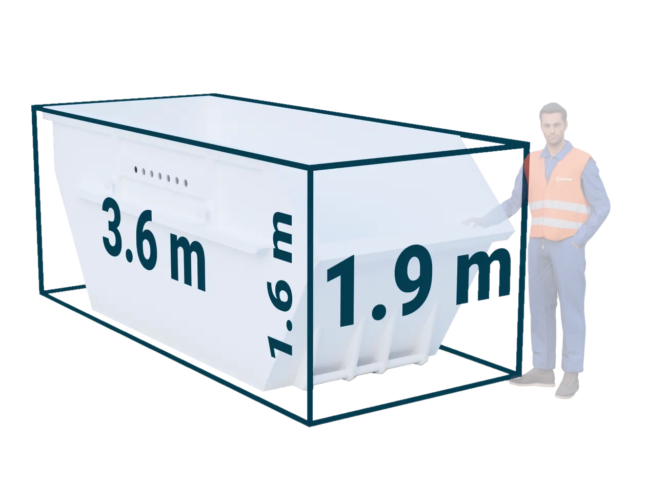 Ein Mann steht zum Größenvergleich neben einem 7 Kubik Container, der ihm bis zur Schulter geht. Darüber hinaus ist die Höhe, Breite und Tiefe des Containers im Bild dargestellt.