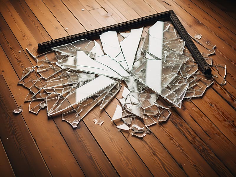 Zerbrochener Bilderrahmen mit Glasscheibe liegt auf dem Fußboden.