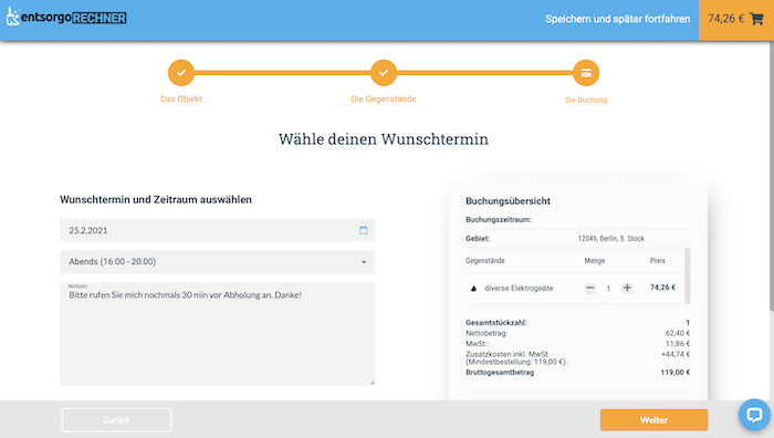 Dieses Bild zeigt den entsorgo-Rechner: Wahl des Abholungstermins für den Elektroschrott.