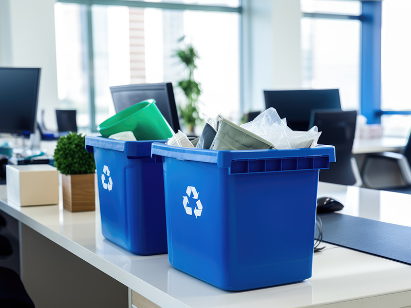 Zwei Behälter zum Sammeln von Kunststoff-Abfällen stehen in einem Büro.