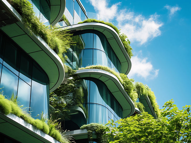 Modernes, nachhaltiges Gebäude mit Glasfront und begrünten Dächern.