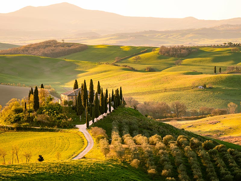 Aufnahme einer Landschaft mit Feldern, wenigen Bäumen und einem kleinen Gebäude im Stil einer Finca in der Toskana.