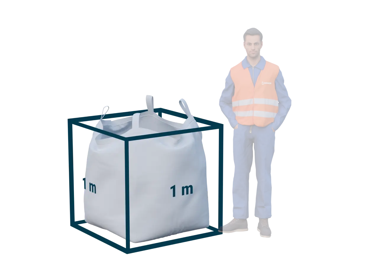 Ein Mann steht zum Größenvergleich neben einem 3 Kubik Container, der ihm bis zur Hüfte geht. Darüber hinaus ist die Höhe, Breite und Tiefe des Containers im Bild dargestellt.